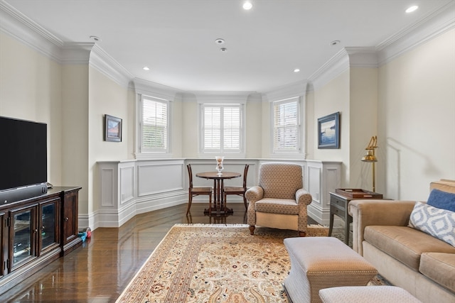 living room with ornamental molding