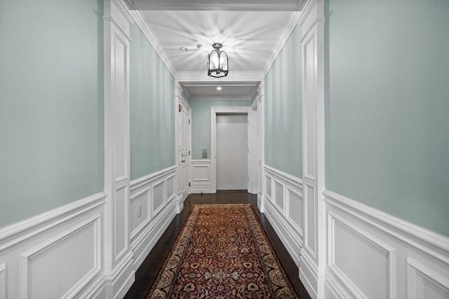 hall featuring ornamental molding and dark wood-type flooring