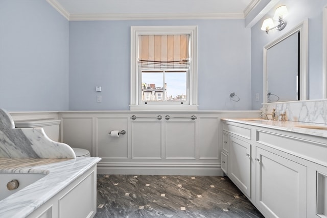 bathroom featuring vanity, ornamental molding, and tile patterned flooring