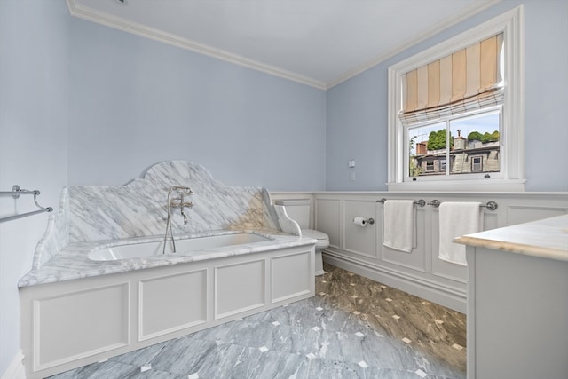 bathroom featuring a bathing tub, tile patterned floors, crown molding, and toilet