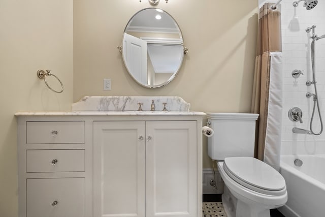 full bathroom featuring tile patterned floors, vanity, shower / bath combination with curtain, and toilet