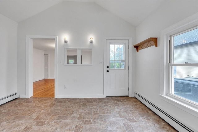 entryway featuring a baseboard heating unit, light stone finish flooring, vaulted ceiling, and baseboards