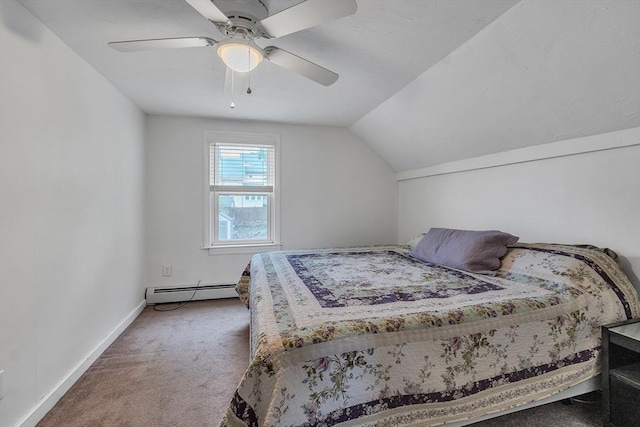 bedroom featuring a baseboard heating unit, carpet flooring, baseboards, lofted ceiling, and ceiling fan