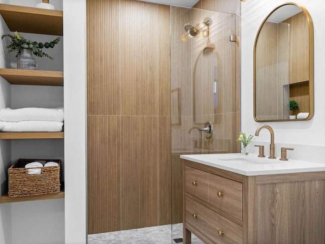 bathroom featuring vanity and walk in shower