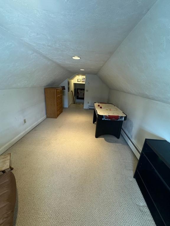 additional living space featuring a textured ceiling, lofted ceiling, baseboards, baseboard heating, and carpet