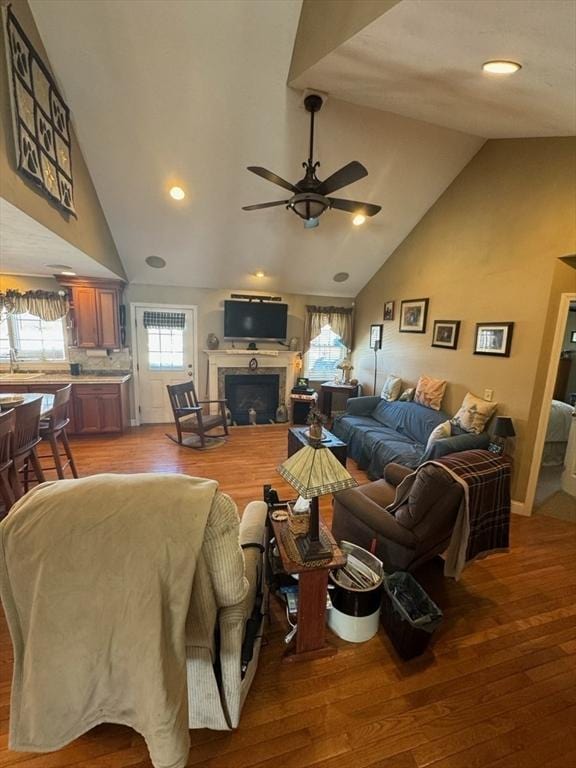 living room with high vaulted ceiling, a fireplace, and wood finished floors