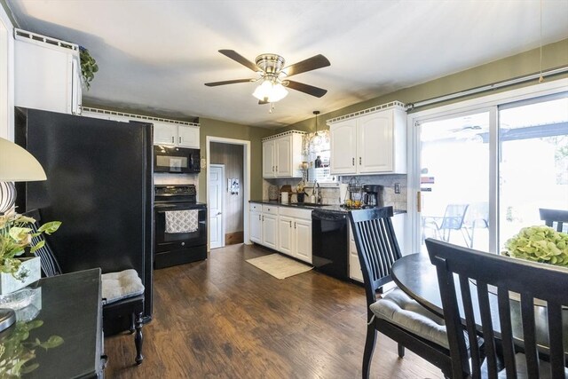 16 Kaveney St, Chicopee, MA 01020 - kitchen featuring black appliances, a sink, ceiling fan, dark countertops, and white cabinetry