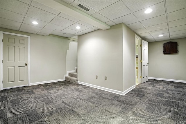 8 Birchwood Ln Unit 8, Hopkinton, MA 01748 - finished below grade area featuring dark colored carpet, stairway, recessed lighting, and a drop ceiling