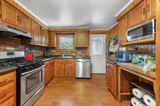 kitchen featuring sink, backsplash, light wood-type flooring, stainless steel appliances, and ornamental molding