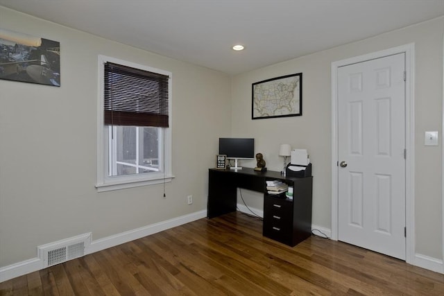 office space featuring dark hardwood / wood-style flooring