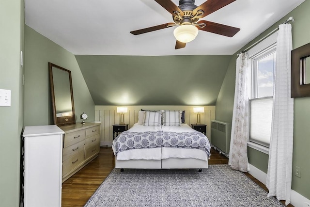 453 Washington St, Gloucester, MA 01930 - bedroom featuring vaulted ceiling, radiator heating unit, wood finished floors, baseboards, and ceiling fan