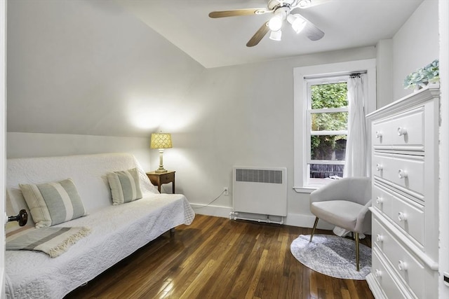 453 Washington St, Gloucester, MA 01930 - living area featuring radiator heating unit, hardwood / wood-style flooring, baseboards, ceiling fan, and lofted ceiling