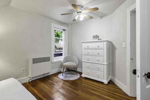 453 Washington St, Gloucester, MA 01930 - bedroom featuring radiator heating unit, dark wood-style floors, baseboards, and a ceiling fan