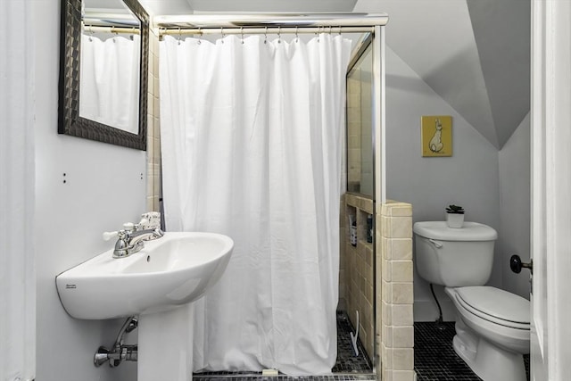 453 Washington St, Gloucester, MA 01930 - bathroom featuring toilet, a shower stall, and tile patterned flooring