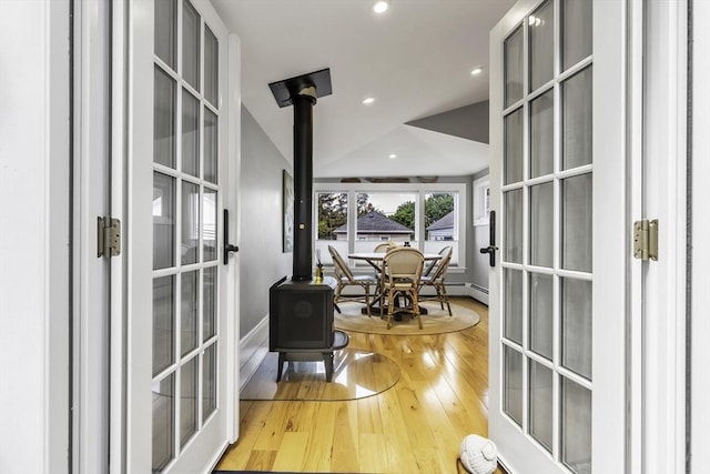 453 Washington St, Gloucester, MA 01930 - interior space with a wood stove, hardwood / wood-style flooring, french doors, and recessed lighting