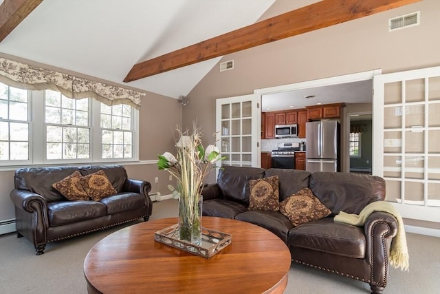 living room with visible vents, light carpet, and beamed ceiling