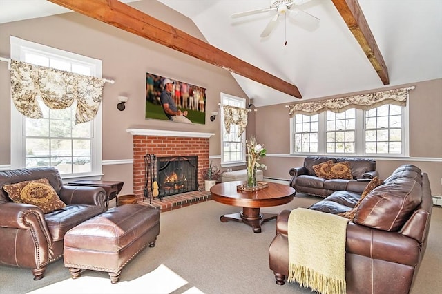 living area with ceiling fan, a fireplace, carpet, vaulted ceiling with beams, and a baseboard heating unit