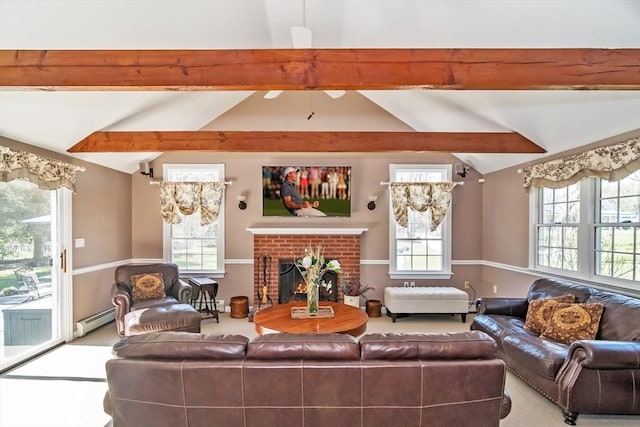 living room with a baseboard radiator, vaulted ceiling with beams, a fireplace, and carpet flooring