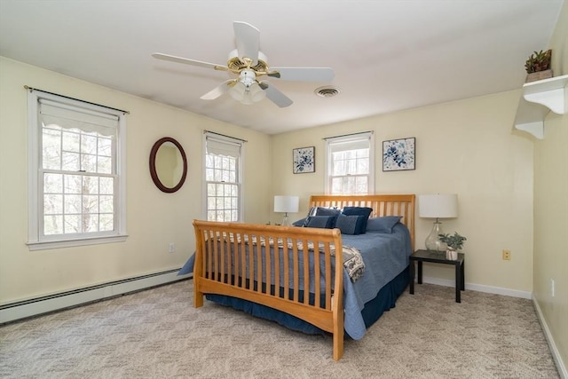 bedroom featuring a baseboard radiator, multiple windows, carpet flooring, and visible vents