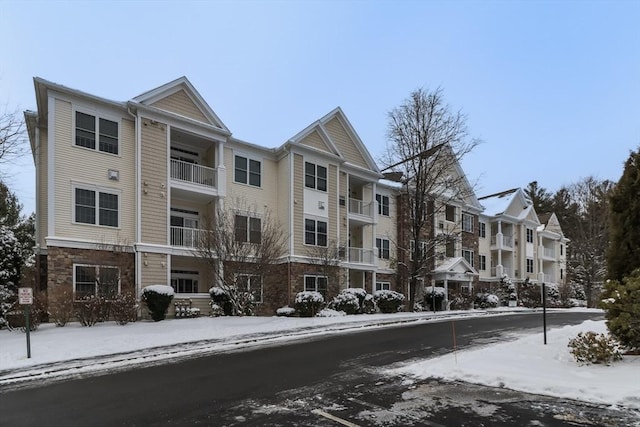 view of snow covered building