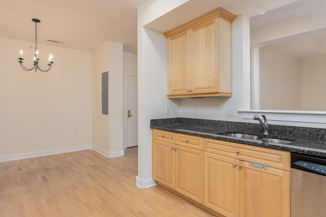 kitchen featuring electric panel, dishwasher, sink, and dark stone counters