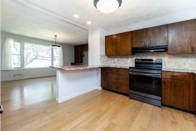 kitchen with stainless steel range with electric cooktop, light wood-style floors, a peninsula, tasteful backsplash, and under cabinet range hood