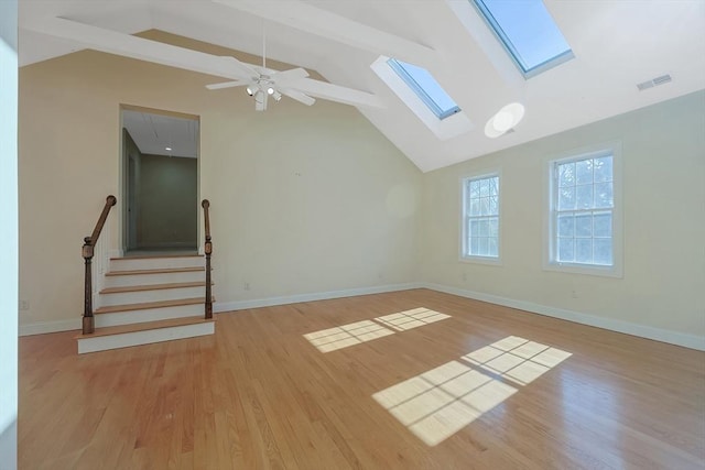 unfurnished room with ceiling fan, high vaulted ceiling, light wood-type flooring, and a skylight