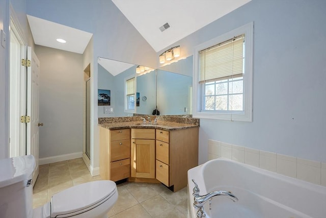 full bathroom featuring toilet, separate shower and tub, vaulted ceiling, vanity, and tile patterned flooring