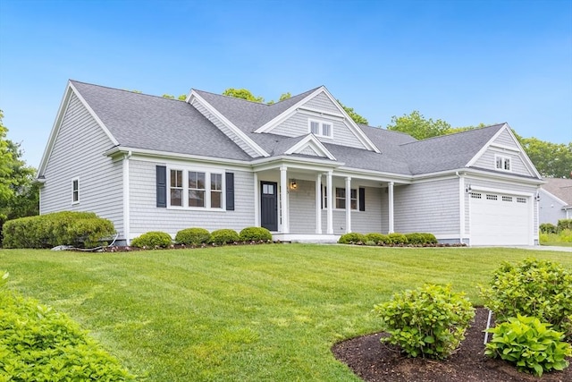 15 Hydrangea Cir, Falmouth, MA 02536 - view of front of house with covered porch, an attached garage, a front yard, and roof with shingles