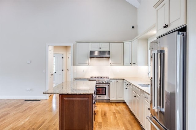 15 Hydrangea Cir, Falmouth, MA 02536 - kitchen featuring high end appliances, under cabinet range hood, a high ceiling, decorative backsplash, and light stone counters