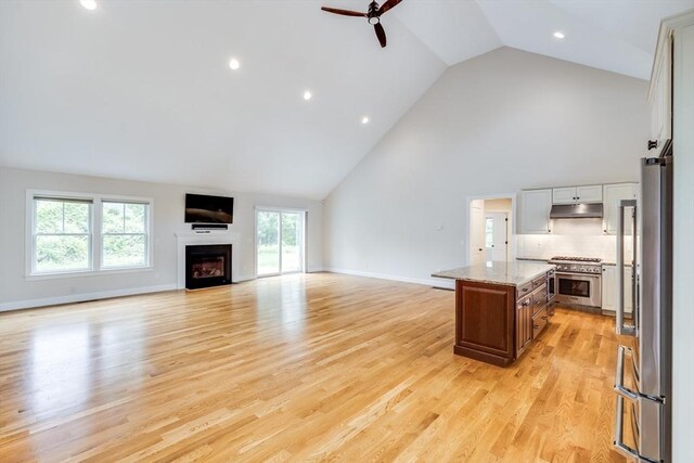 15 Hydrangea Cir, Falmouth, MA 02536 - unfurnished living room with high vaulted ceiling, ceiling fan, light wood finished floors, a fireplace, and baseboards