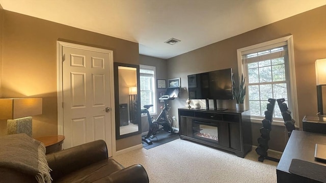 carpeted living room with visible vents, plenty of natural light, baseboards, and a glass covered fireplace