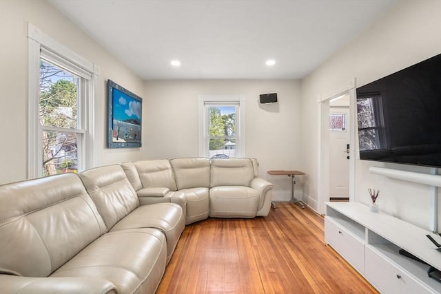 13 Darling St, Acushnet, MA 02743 - living room featuring light wood finished floors, recessed lighting, and baseboards