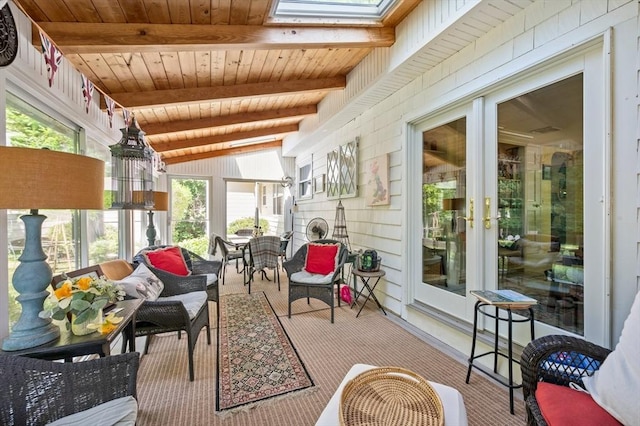63 Hawthorne, Weymouth, MA 02189 - sunroom / solarium with wooden ceiling, a skylight, carpet, outdoor dining space, and wooden walls