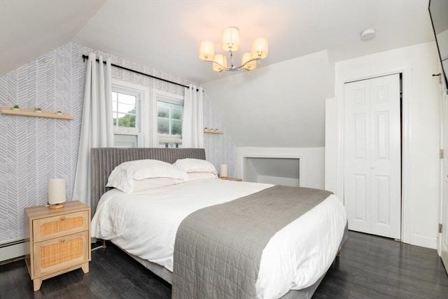 bedroom with lofted ceiling, dark hardwood / wood-style flooring, and a closet