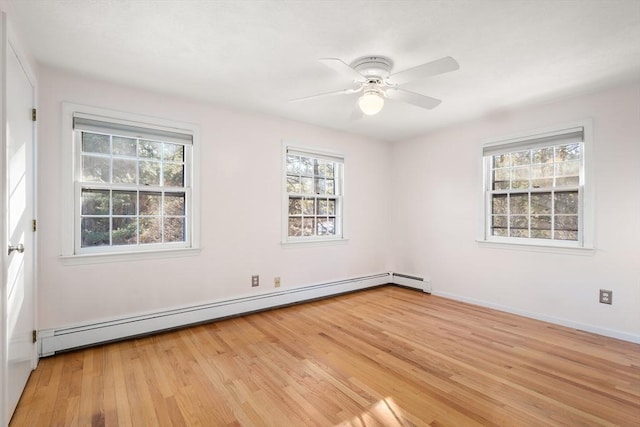 spare room with a baseboard radiator, ceiling fan, and light hardwood / wood-style flooring