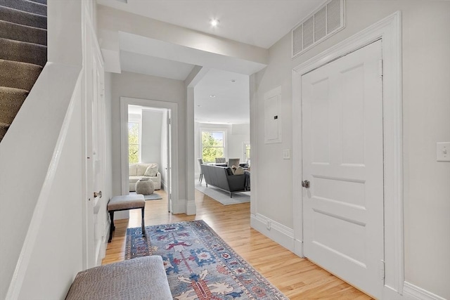 interior space with visible vents, recessed lighting, baseboards, and light wood-type flooring