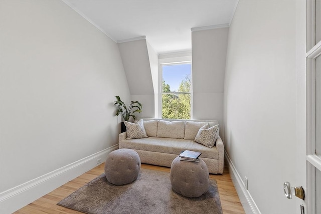 living area featuring baseboards, ornamental molding, and light wood-style flooring