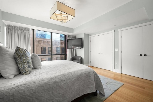 bedroom featuring hardwood / wood-style floors and multiple closets