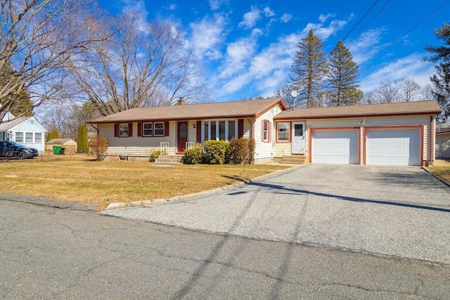 single story home with a garage, driveway, a chimney, and a front yard