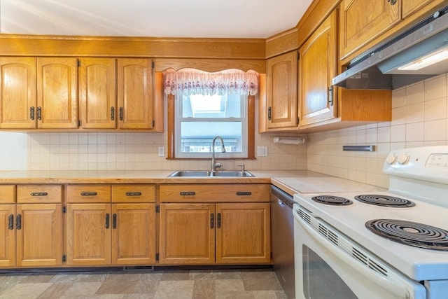 kitchen featuring under cabinet range hood, light countertops, stainless steel dishwasher, white electric range oven, and a sink