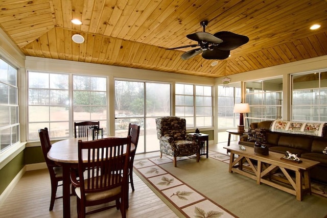 sunroom / solarium with ceiling fan and wooden ceiling