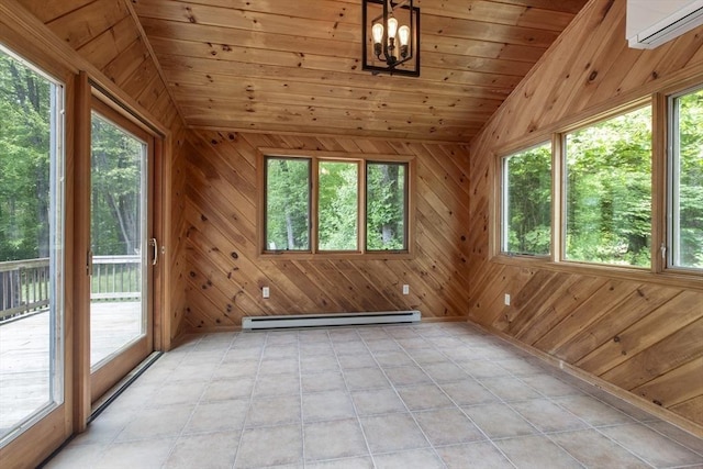 3 Howe St, Medway, MA 02053 - unfurnished sunroom with a wall mounted air conditioner, vaulted ceiling, a baseboard heating unit, and a chandelier