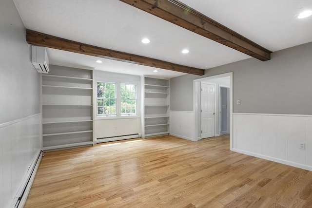 3 Howe St, Medway, MA 02053 - empty room with baseboard heating, light wood finished floors, a wainscoted wall, beamed ceiling, and recessed lighting