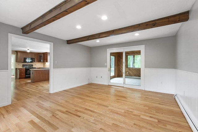 3 Howe St, Medway, MA 02053 - empty room with a baseboard radiator, wainscoting, light wood-style floors, beam ceiling, and recessed lighting