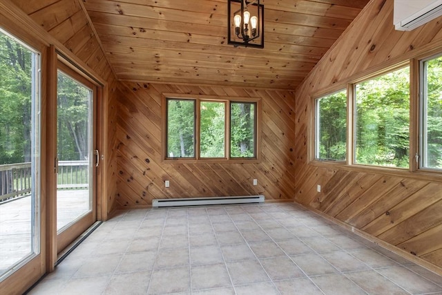 3 Howe St, Medway, MA 02053 - unfurnished sunroom featuring a wall mounted air conditioner, vaulted ceiling, a baseboard heating unit, and a chandelier