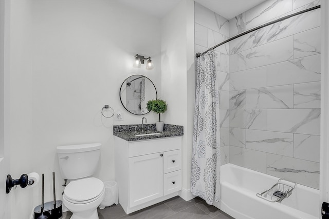 full bathroom with vanity, toilet, shower / bath combination with curtain, and tile patterned flooring