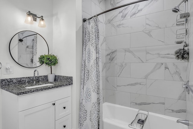 bathroom featuring vanity and shower / tub combo with curtain