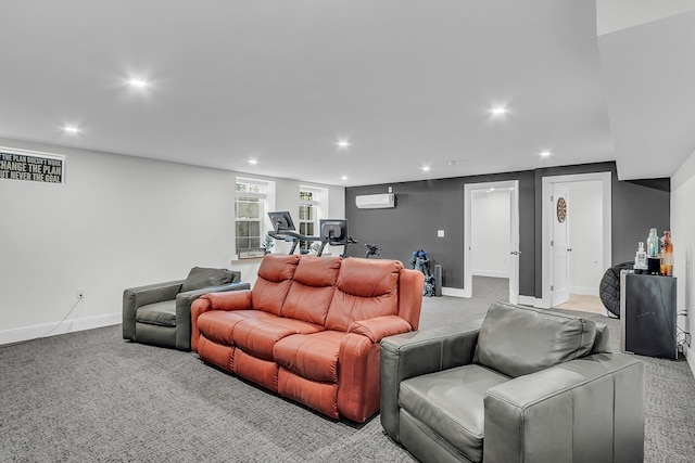 home theater with light colored carpet and a wall unit AC