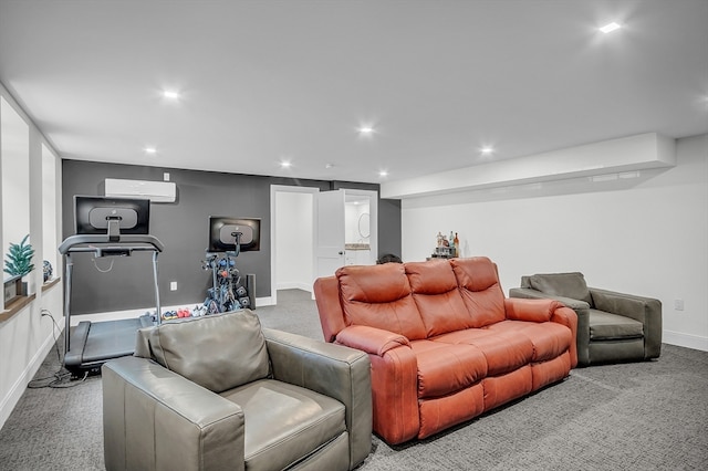 carpeted home theater with a wall mounted AC